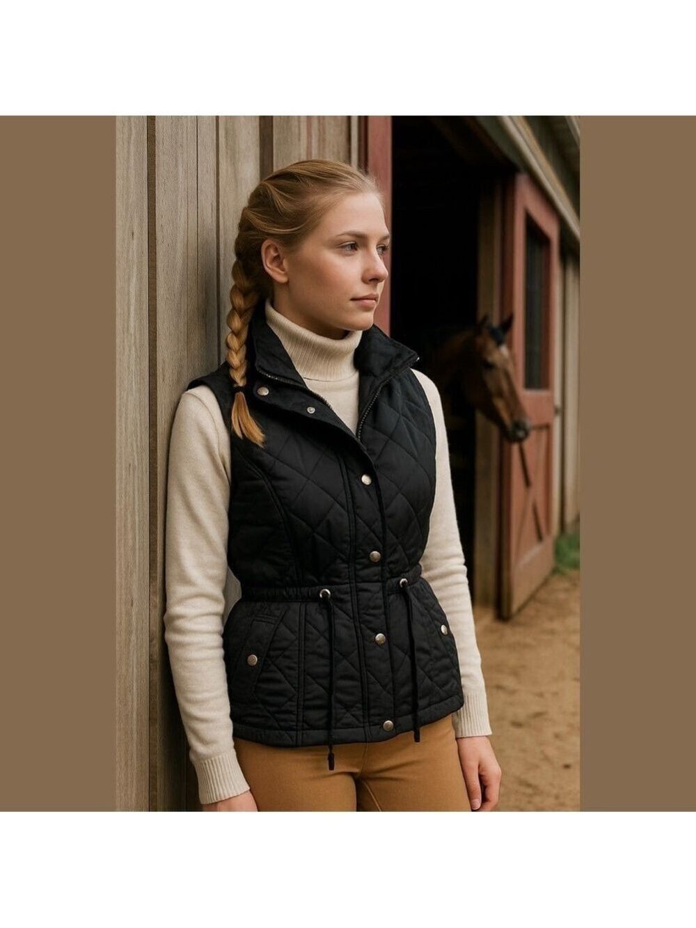 BRITISH KHAKI BLACK QUILTED VEST ZIP & SNAP CLOSURE CINCH DRAWSTRING WAIST SZ L